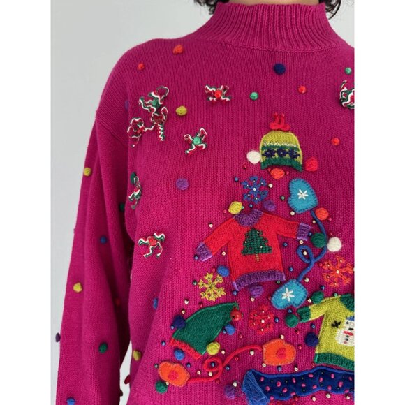 90s vintage pink festive holiday novelty embroidered ugly christmas knit sweater - Picture 7 of 10